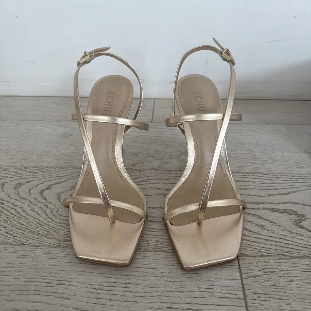 Schutz Gold Square Toe Strappy High Heel Shoe Inez - Picture 2 of 8